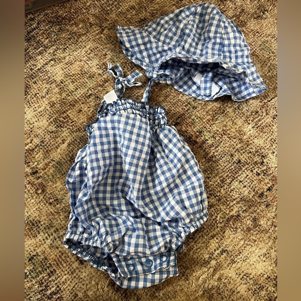 Carter’s Newborn Blue Gingham Romper and Hat Set